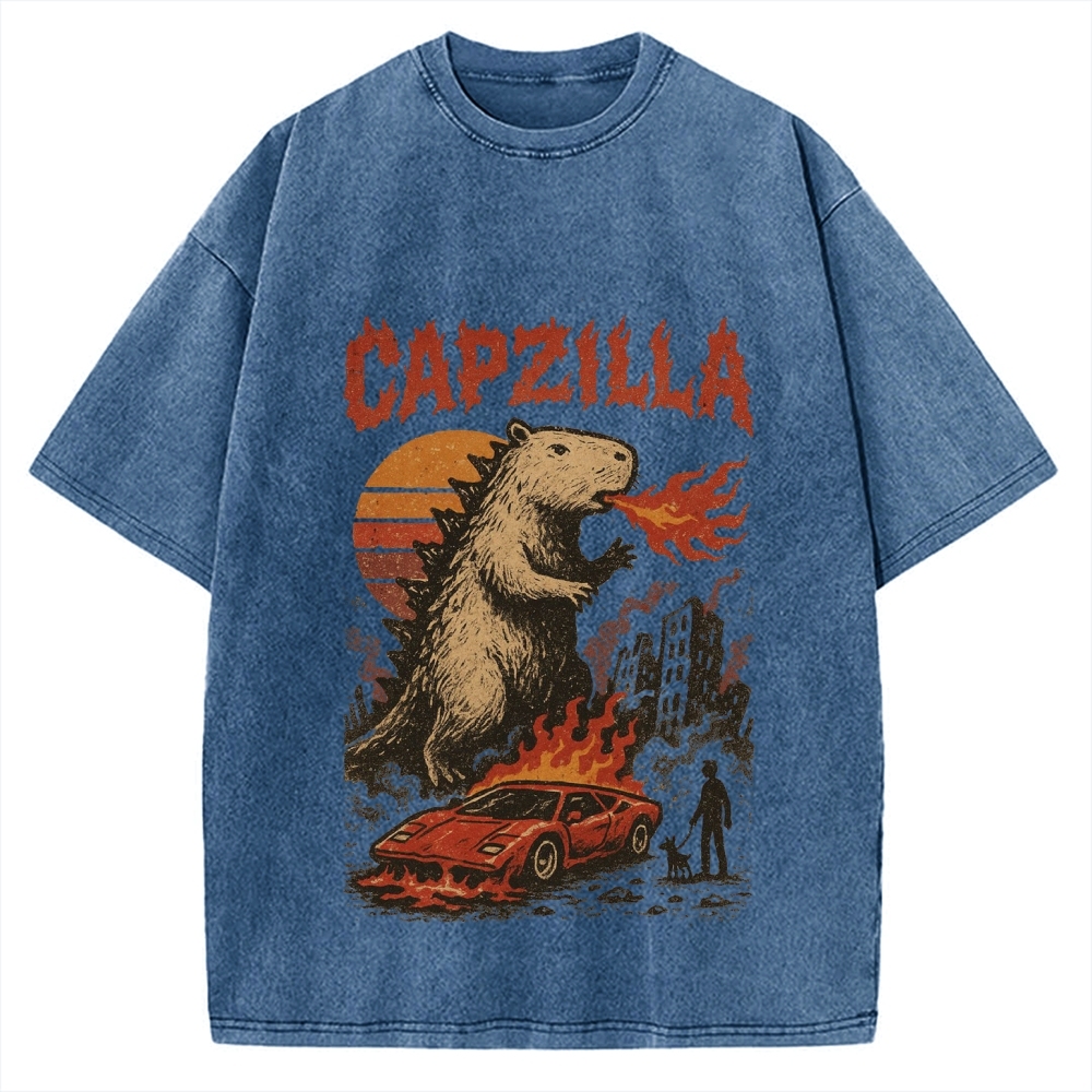 Capzilla Funny Capybara Monster Vintage Washed T-shirt