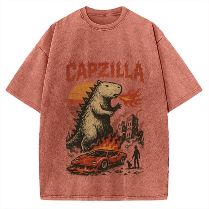 Capzilla Funny Capybara Monster Vintage Washed T-shirt