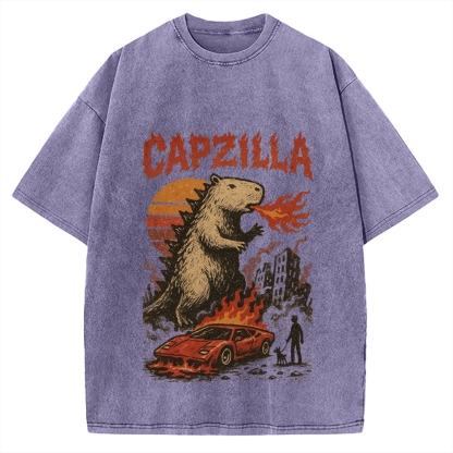 Capzilla Funny Capybara Monster Vintage Washed T-shirt