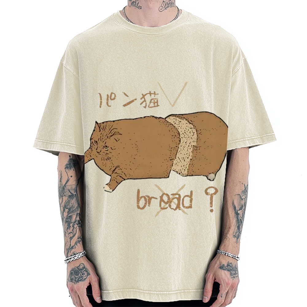Bread Cat Funny Hand Drawn Vintage Washed T-shirt