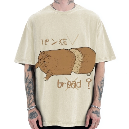 Bread Cat Funny Hand Drawn Vintage Washed T-shirt