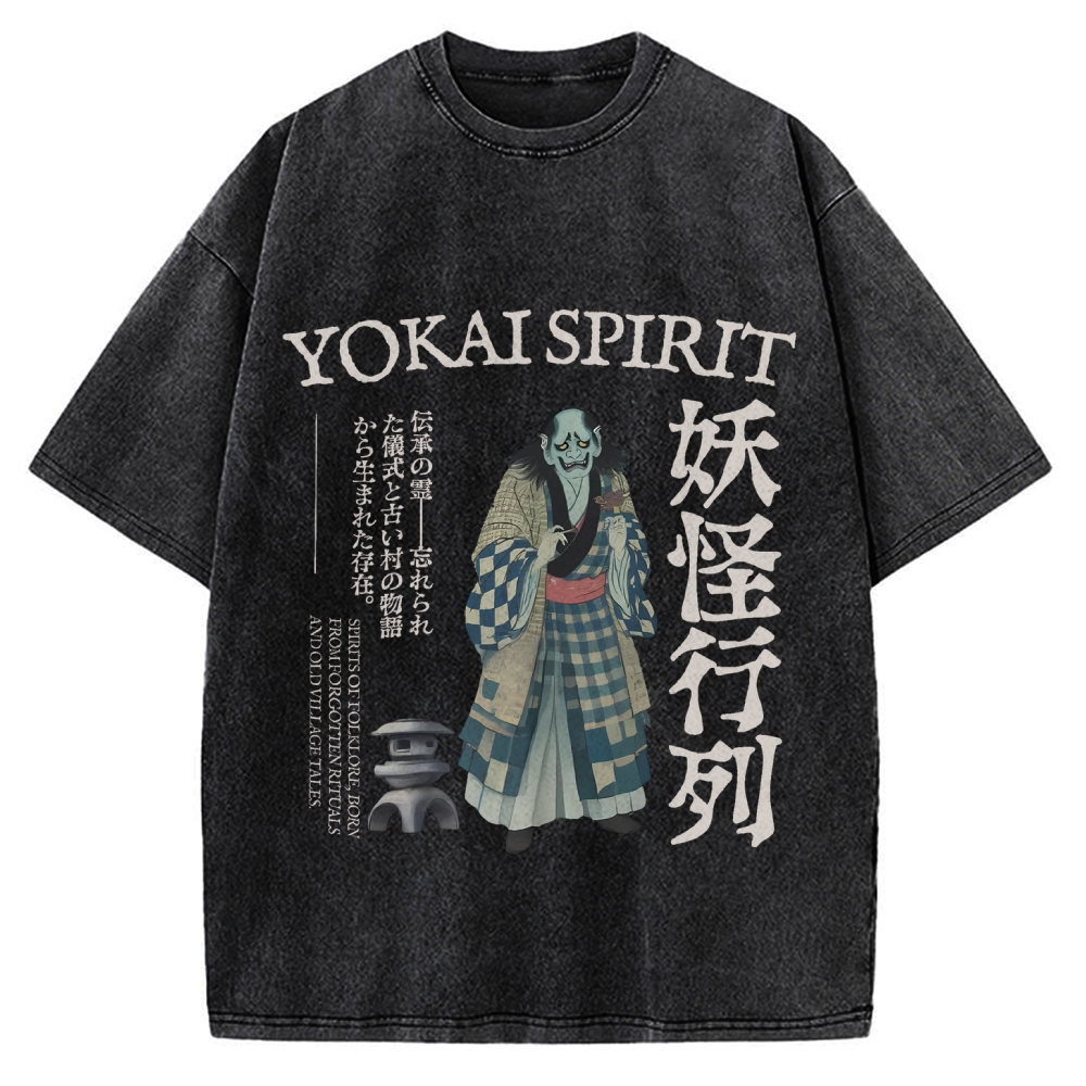 Japanese yokai shirt Oni demon Harajuku fashion Vintage Washed T-shirt
