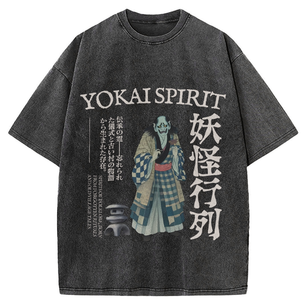 Japanese yokai shirt Oni demon Harajuku fashion Vintage Washed T-shirt