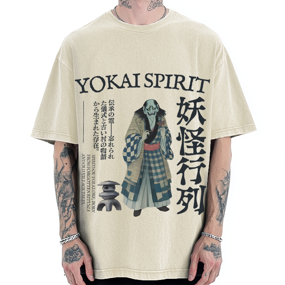 Japanese yokai shirt Oni demon Harajuku fashion Vintage Washed T-shirt