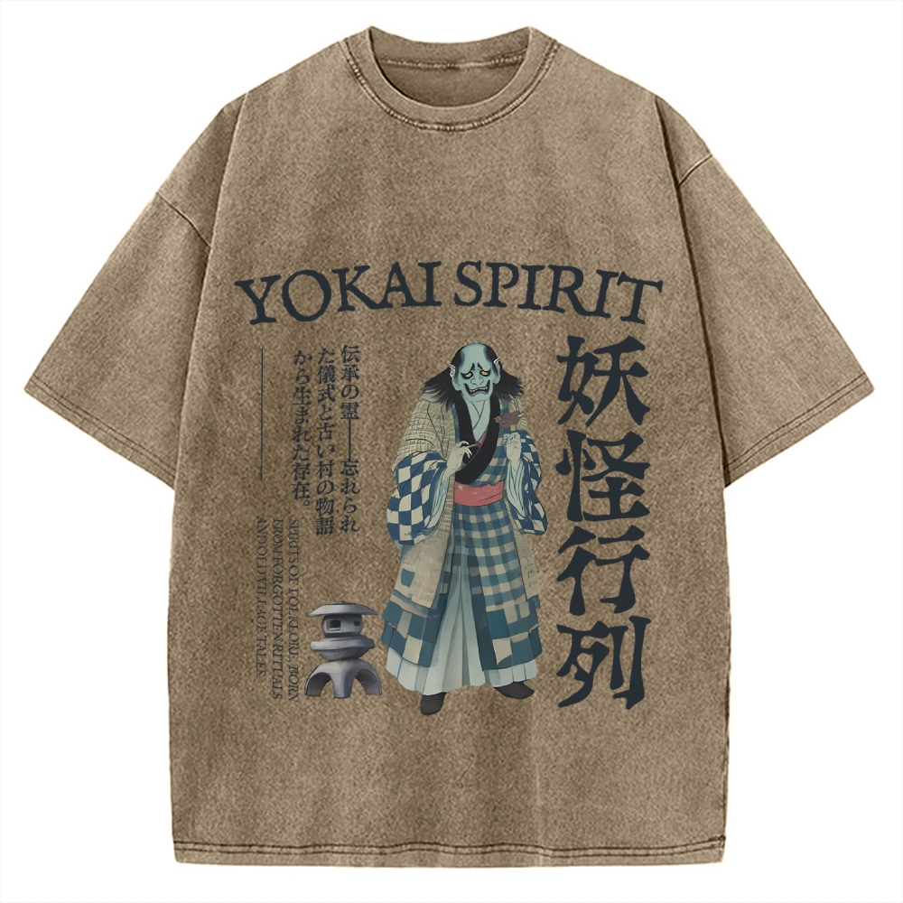 Japanese yokai shirt Oni demon Harajuku fashion Vintage Washed T-shirt