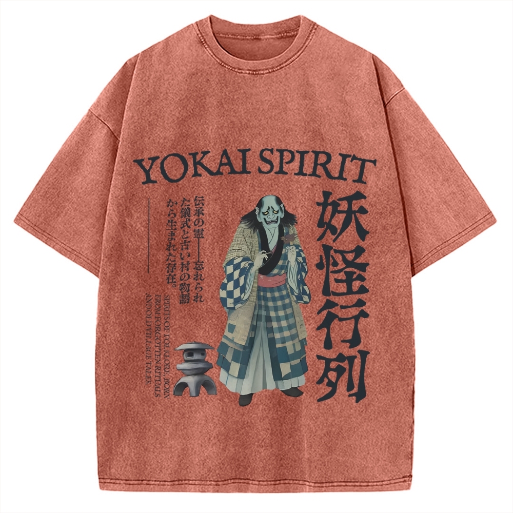 Japanese yokai shirt Oni demon Harajuku fashion Vintage Washed T-shirt