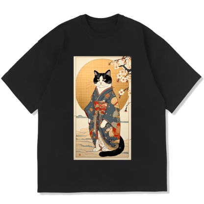 Ukiyoe Geisha Cat Kabuki Cotton casual T-shirt