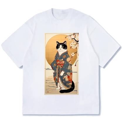 Ukiyoe Geisha Cat Kabuki Cotton casual T-shirt
