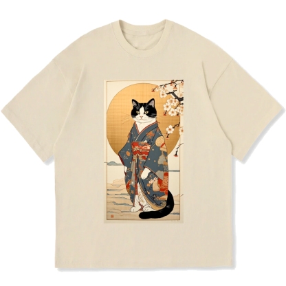 Ukiyoe Geisha Cat Kabuki Cotton casual T-shirt