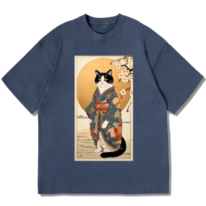 Ukiyoe Geisha Cat Kabuki Cotton casual T-shirt