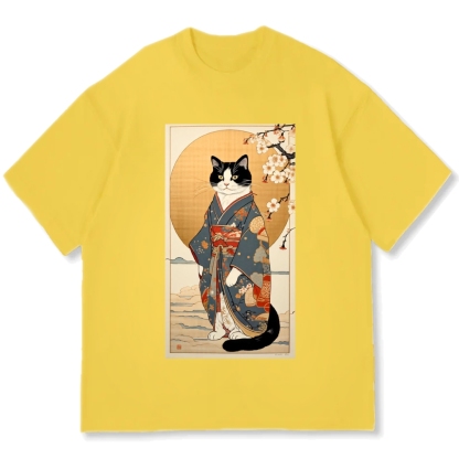 Ukiyoe Geisha Cat Kabuki Cotton casual T-shirt