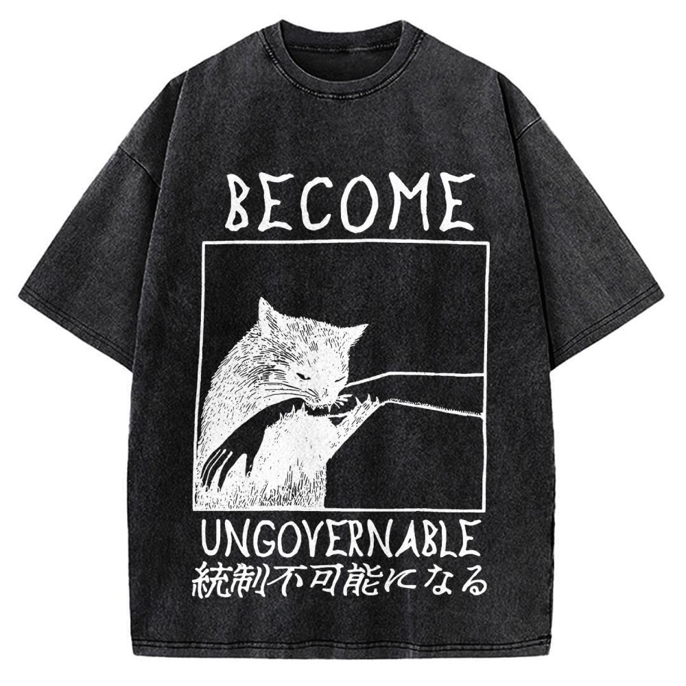 Become Ungovernable Cat Biting Arm Vintage Washed T-shirt