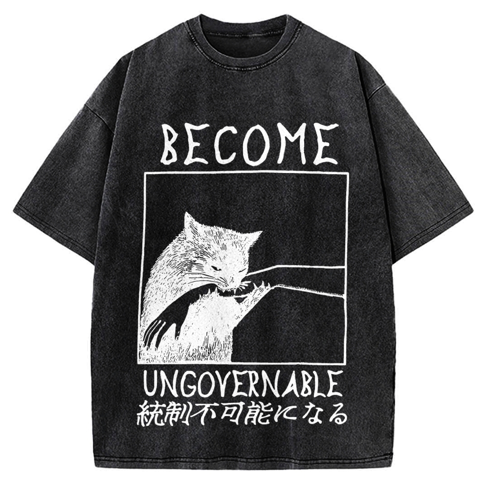 Become Ungovernable Cat Biting Arm Vintage Washed T-shirt