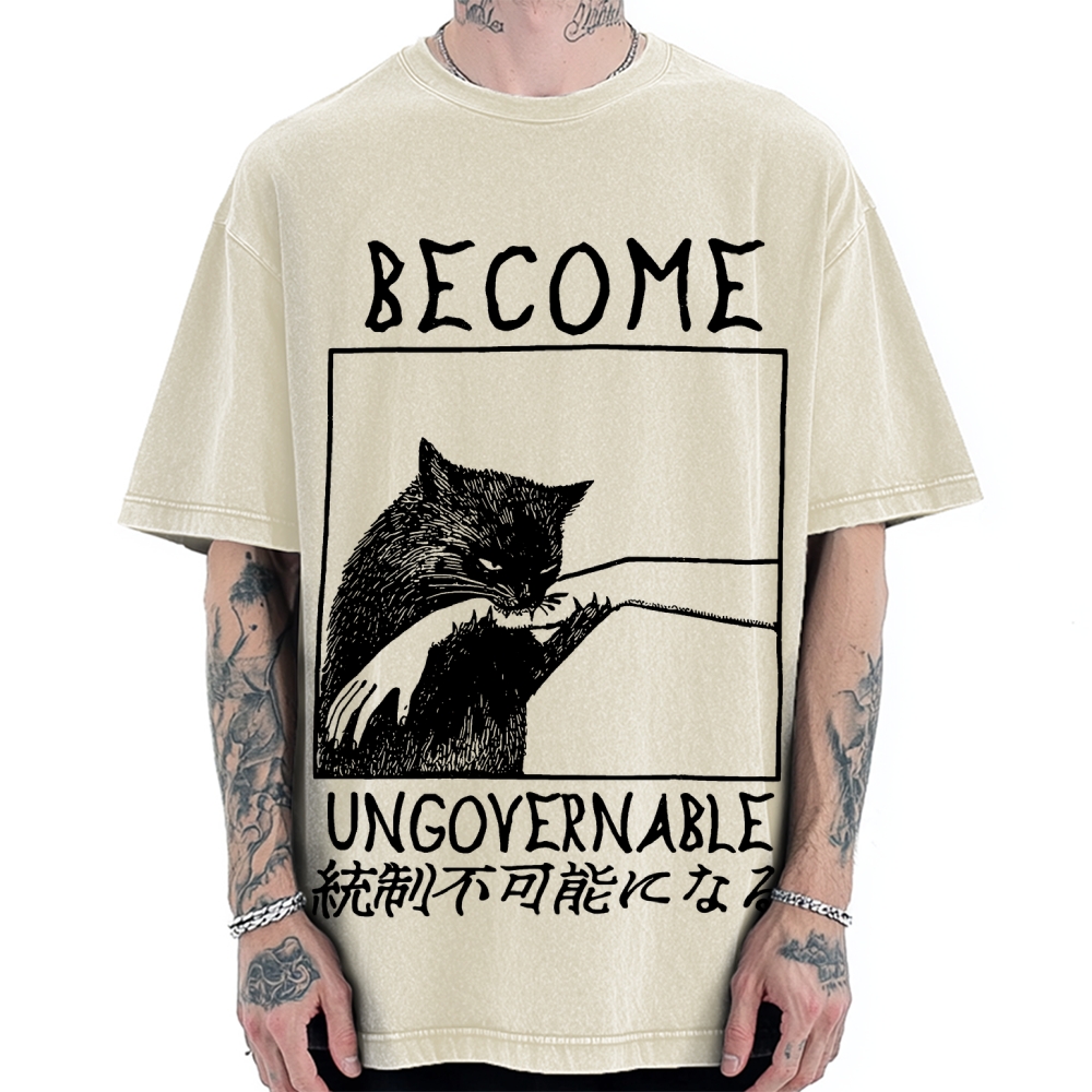 Become Ungovernable Cat Biting Arm Vintage Washed T-shirt