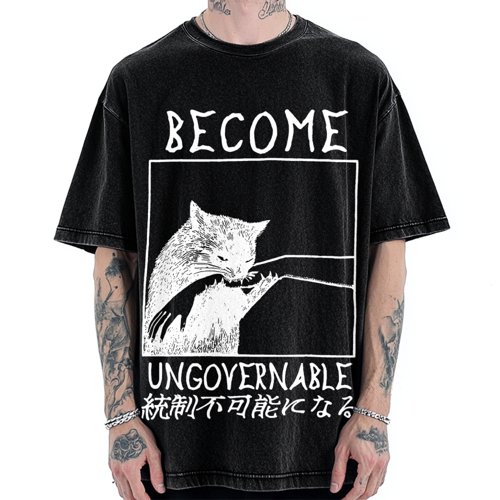 Become Ungovernable Cat Biting Arm Vintage Washed T-shirt