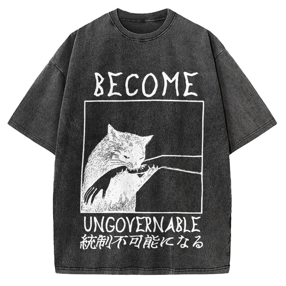 Become Ungovernable Cat Biting Arm Vintage Washed T-shirt
