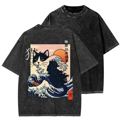 Kanagawa cat Front And Back Printing Washed T-shirt