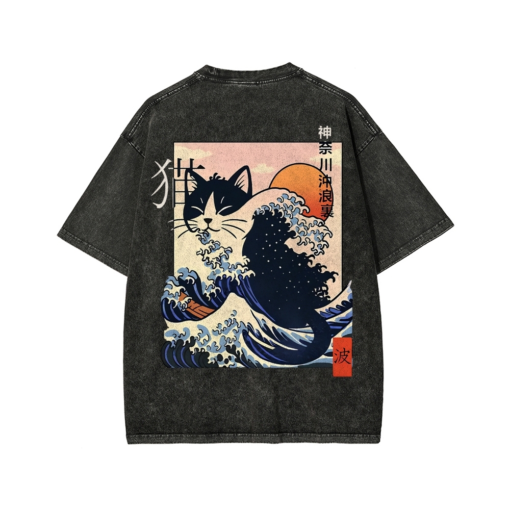 Kanagawa cat Front And Back Printing Washed T-shirt