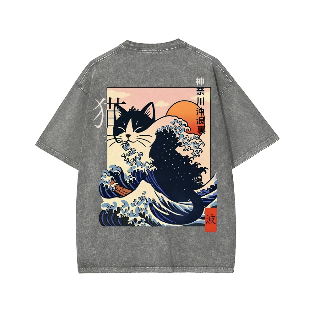 Kanagawa cat Front And Back Printing Washed T-shirt