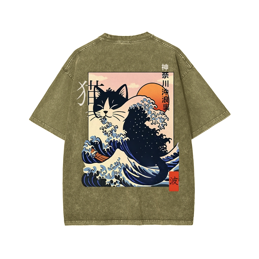 Kanagawa cat Front And Back Printing Washed T-shirt