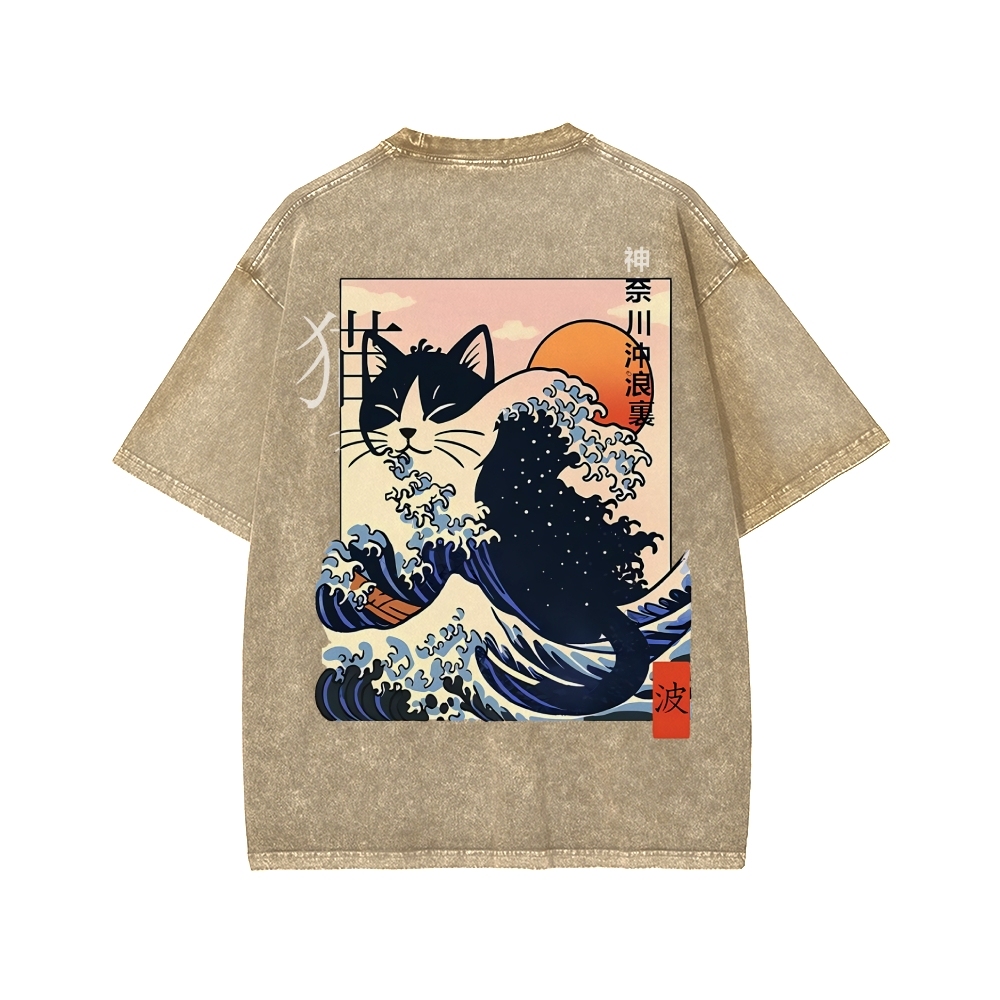 Kanagawa cat Front And Back Printing Washed T-shirt