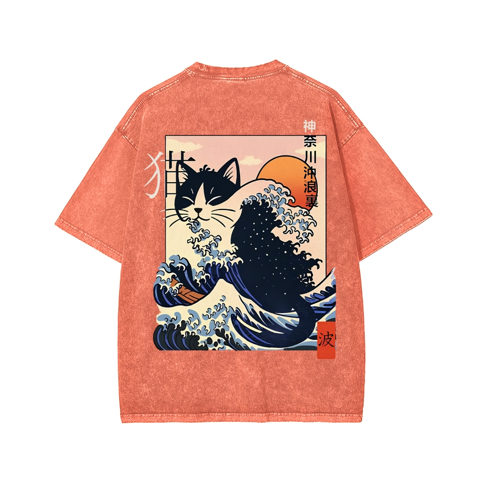 Kanagawa cat Front And Back Printing Washed T-shirt