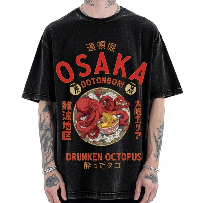 Osaka Drunken Octopus Eating Ramen Vintage Washed T-shirt