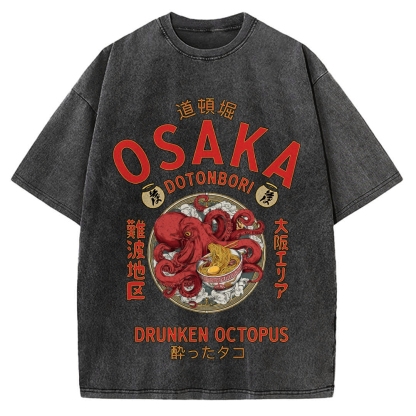 Osaka Drunken Octopus Eating Ramen Vintage Washed T-shirt