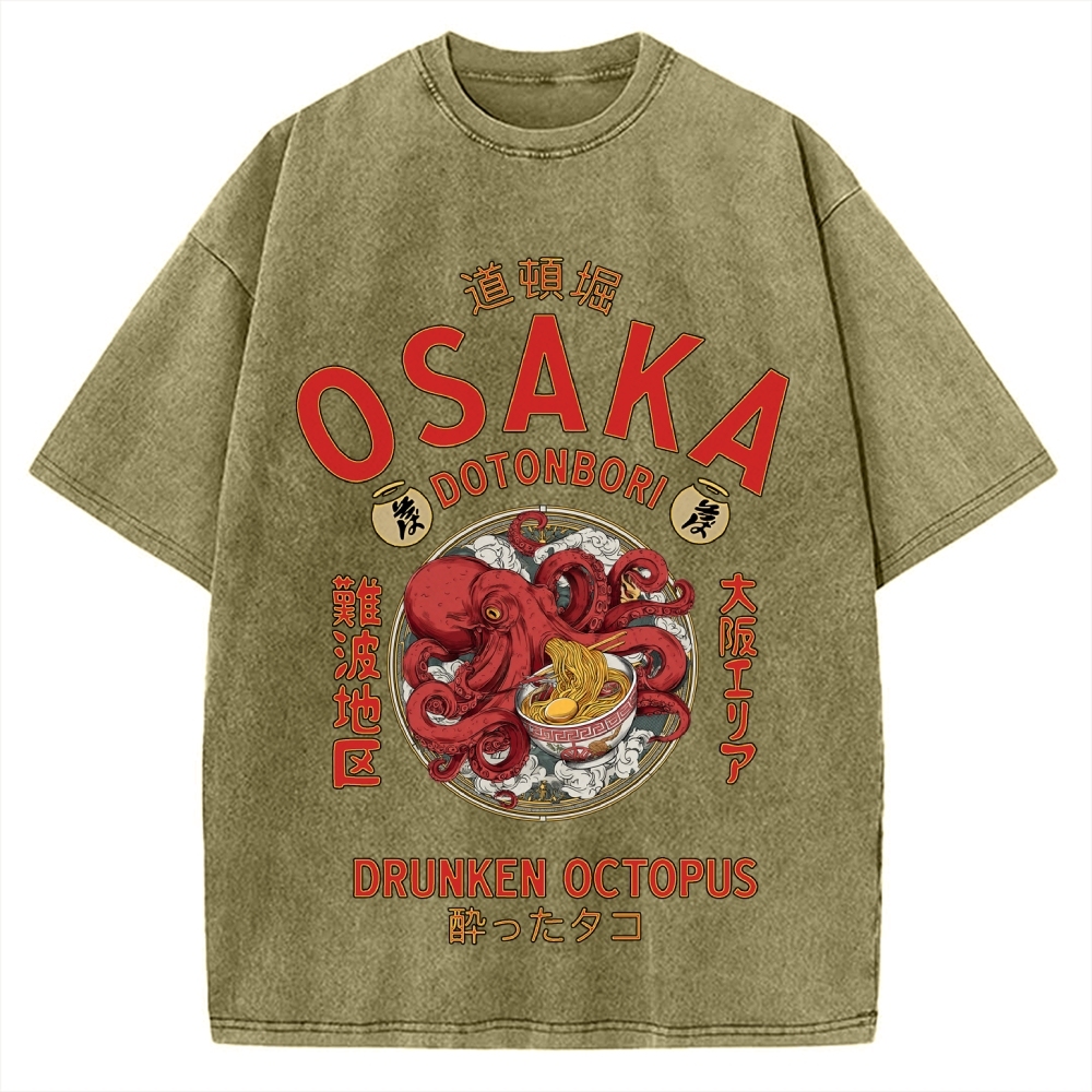 Osaka Drunken Octopus Eating Ramen Vintage Washed T-shirt