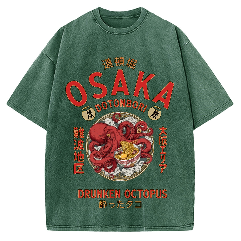 Osaka Drunken Octopus Eating Ramen Vintage Washed T-shirt