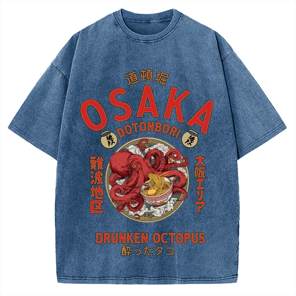 Osaka Drunken Octopus Eating Ramen Vintage Washed T-shirt