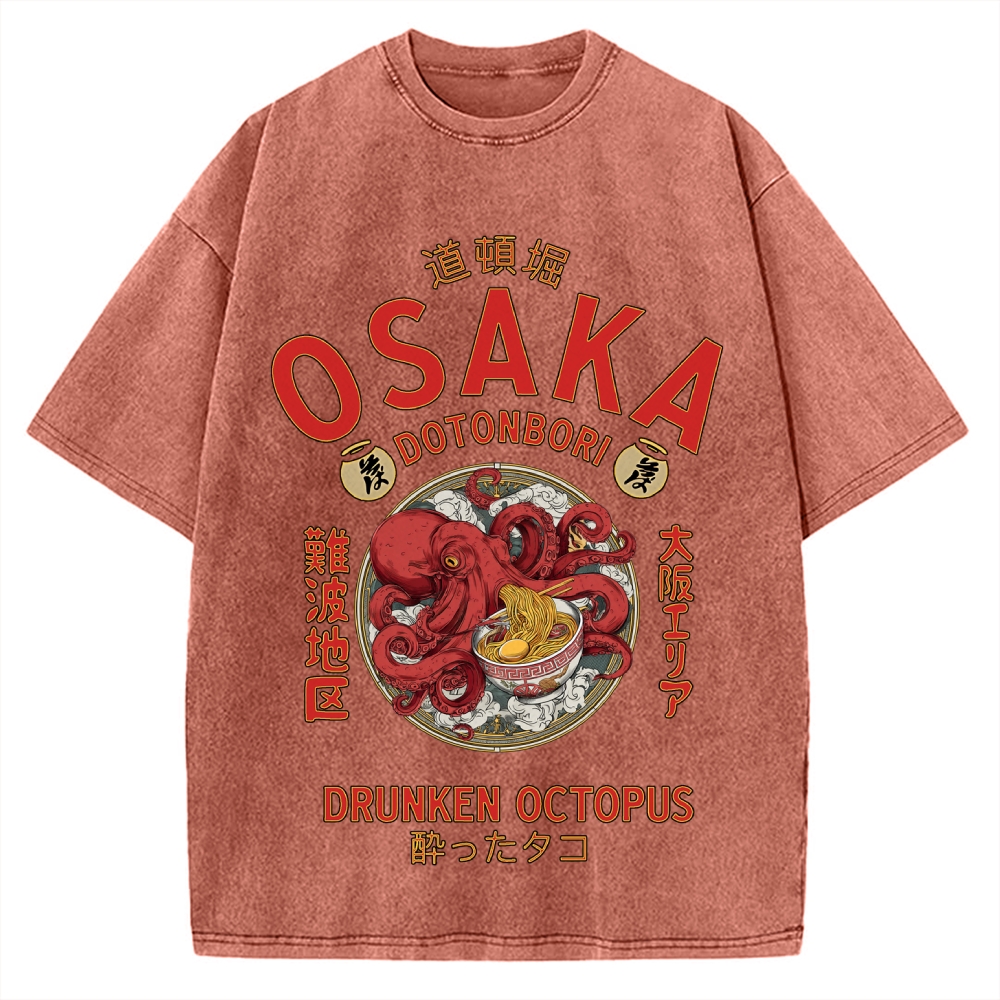 Osaka Drunken Octopus Eating Ramen Vintage Washed T-shirt