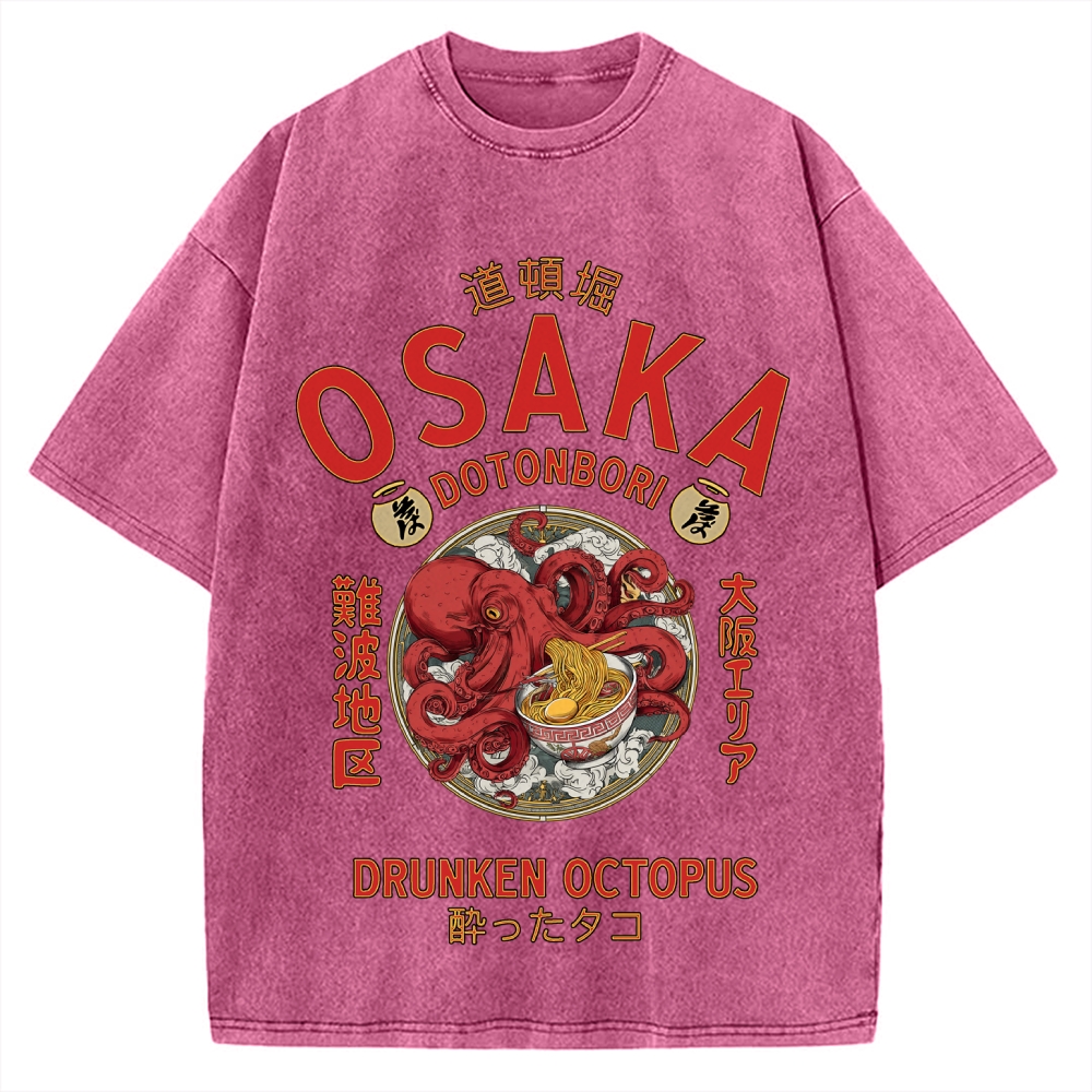 Osaka Drunken Octopus Eating Ramen Vintage Washed T-shirt