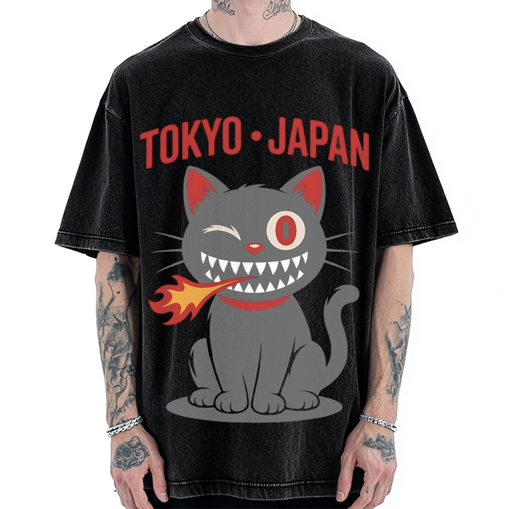 Tokyo Flame Cat Japan Vintage Washed T-shirt