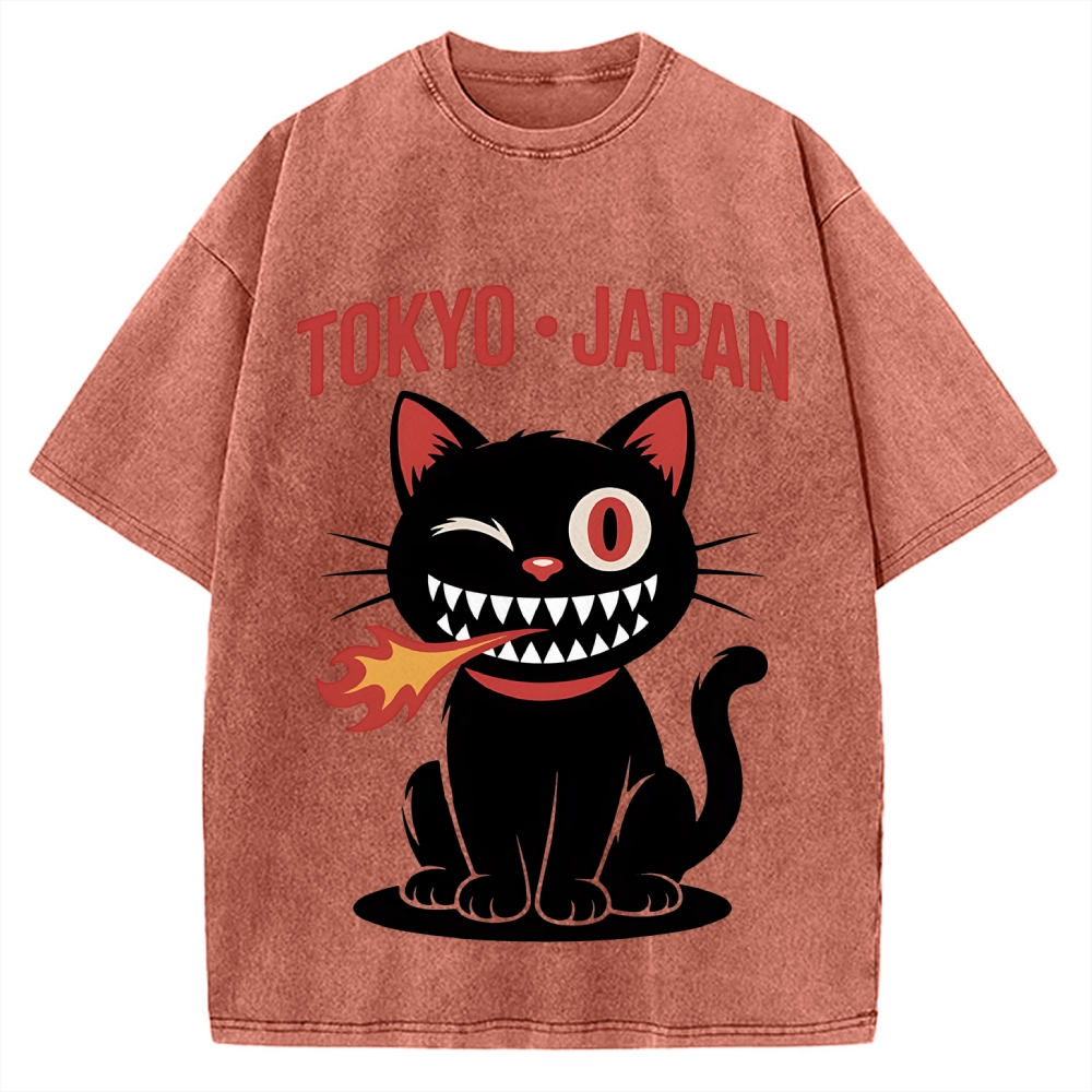 Tokyo Flame Cat Japan Vintage Washed T-shirt