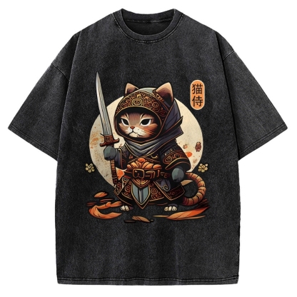 Samurai Cat Vintage Washed T-shirt