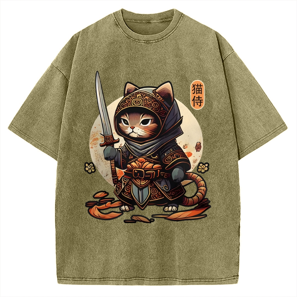Samurai Cat Vintage Washed T-shirt