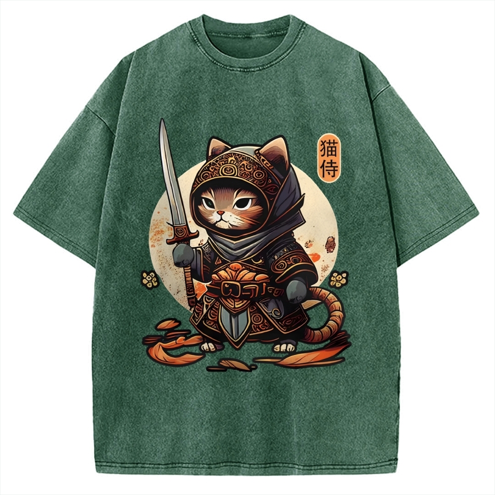 Samurai Cat Vintage Washed T-shirt