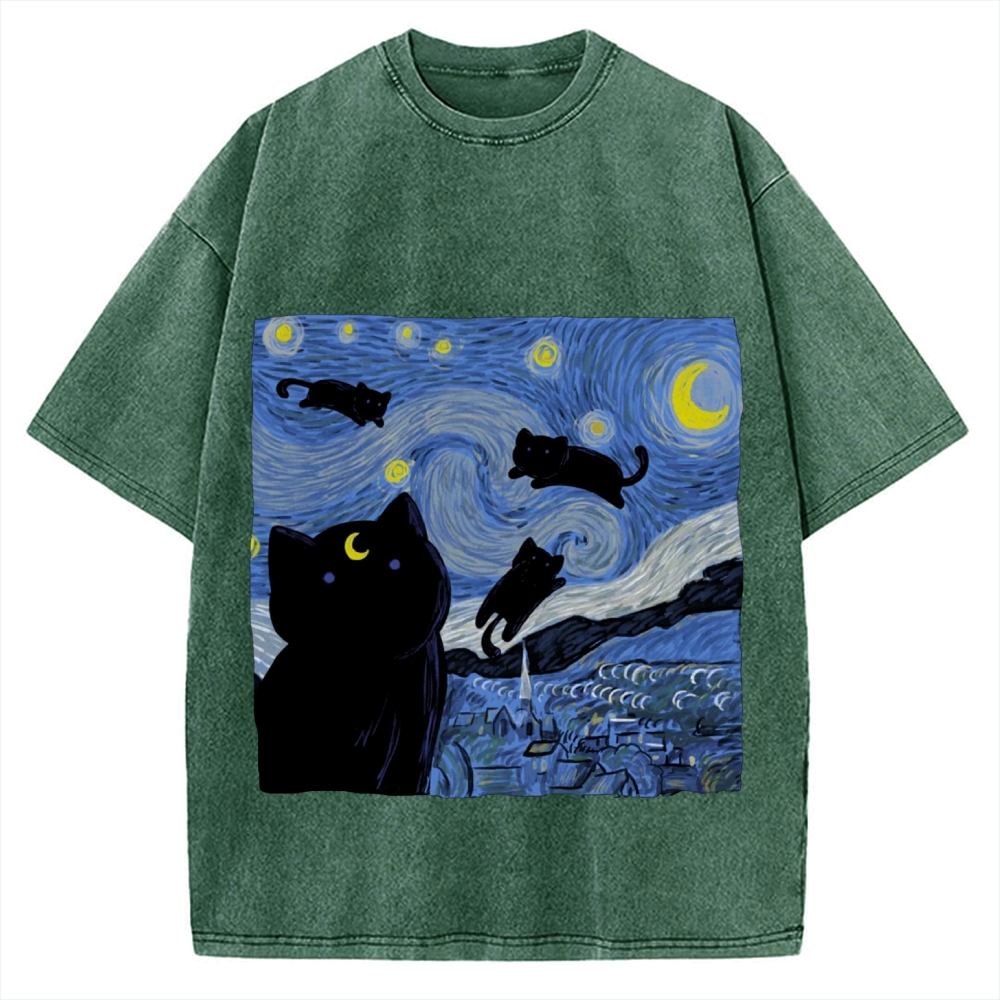 he Starry Night And Cat Vintage Washed T-shirt