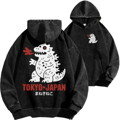 Lucky Monster Front And Back Printing Vintage Washed Hoodie