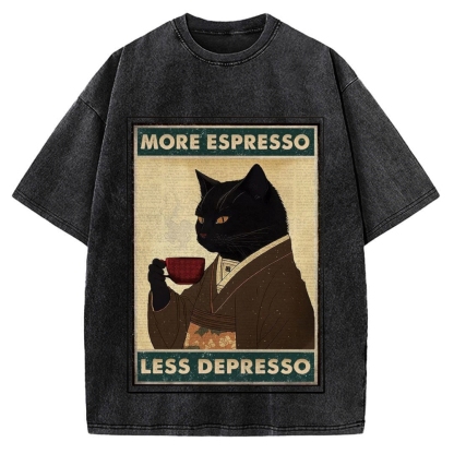 More Espresso Less Depresso Coffee Cat Vintage Washed T-shirt