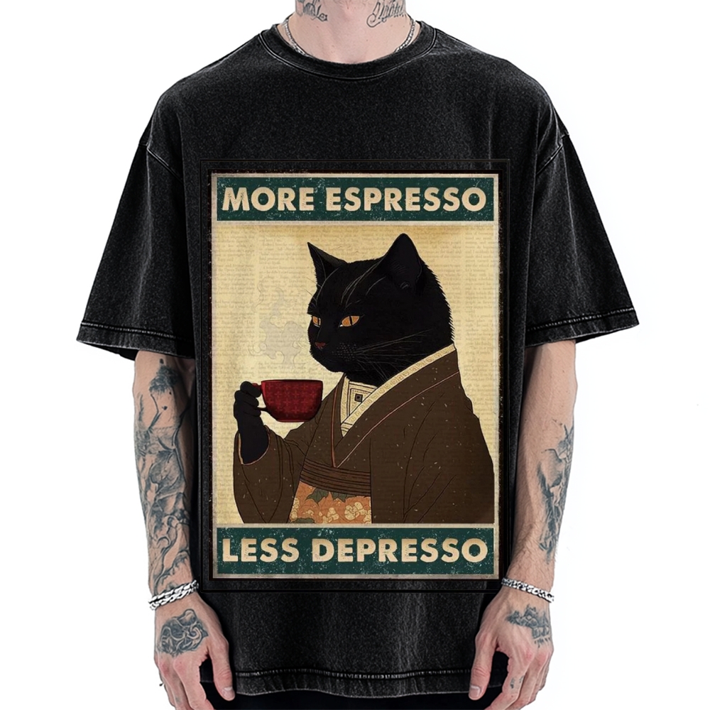 More Espresso Less Depresso Coffee Cat Vintage Washed T-shirt