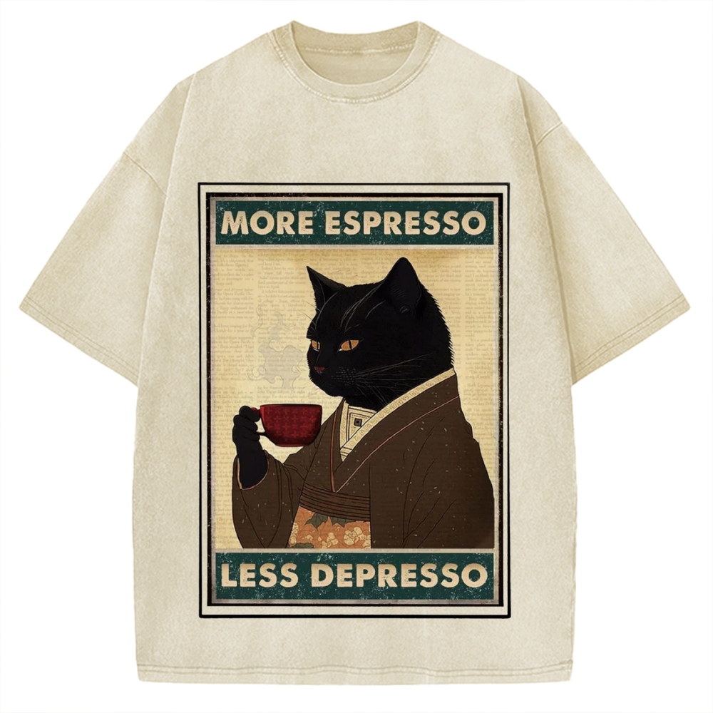 More Espresso Less Depresso Coffee Cat Vintage Washed T-shirt