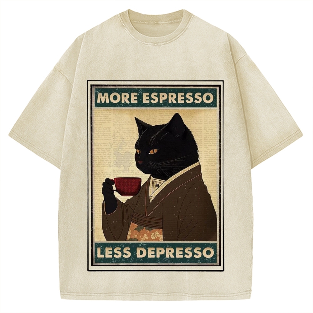 More Espresso Less Depresso Coffee Cat Vintage Washed T-shirt