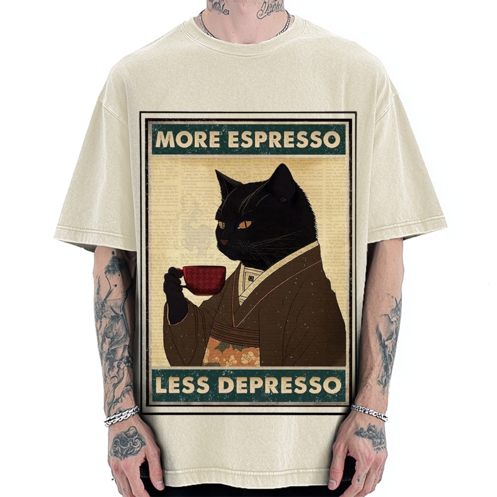 More Espresso Less Depresso Coffee Cat Vintage Washed T-shirt