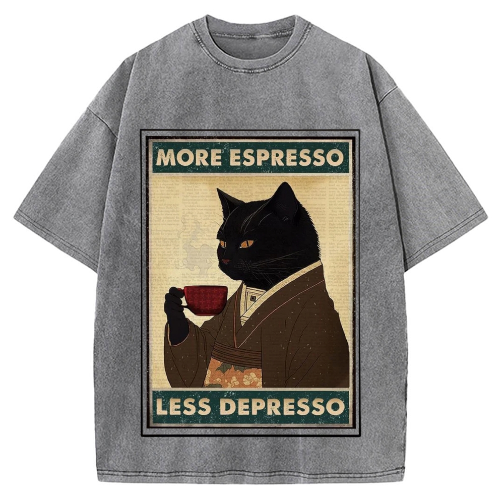 More Espresso Less Depresso Coffee Cat Vintage Washed T-shirt