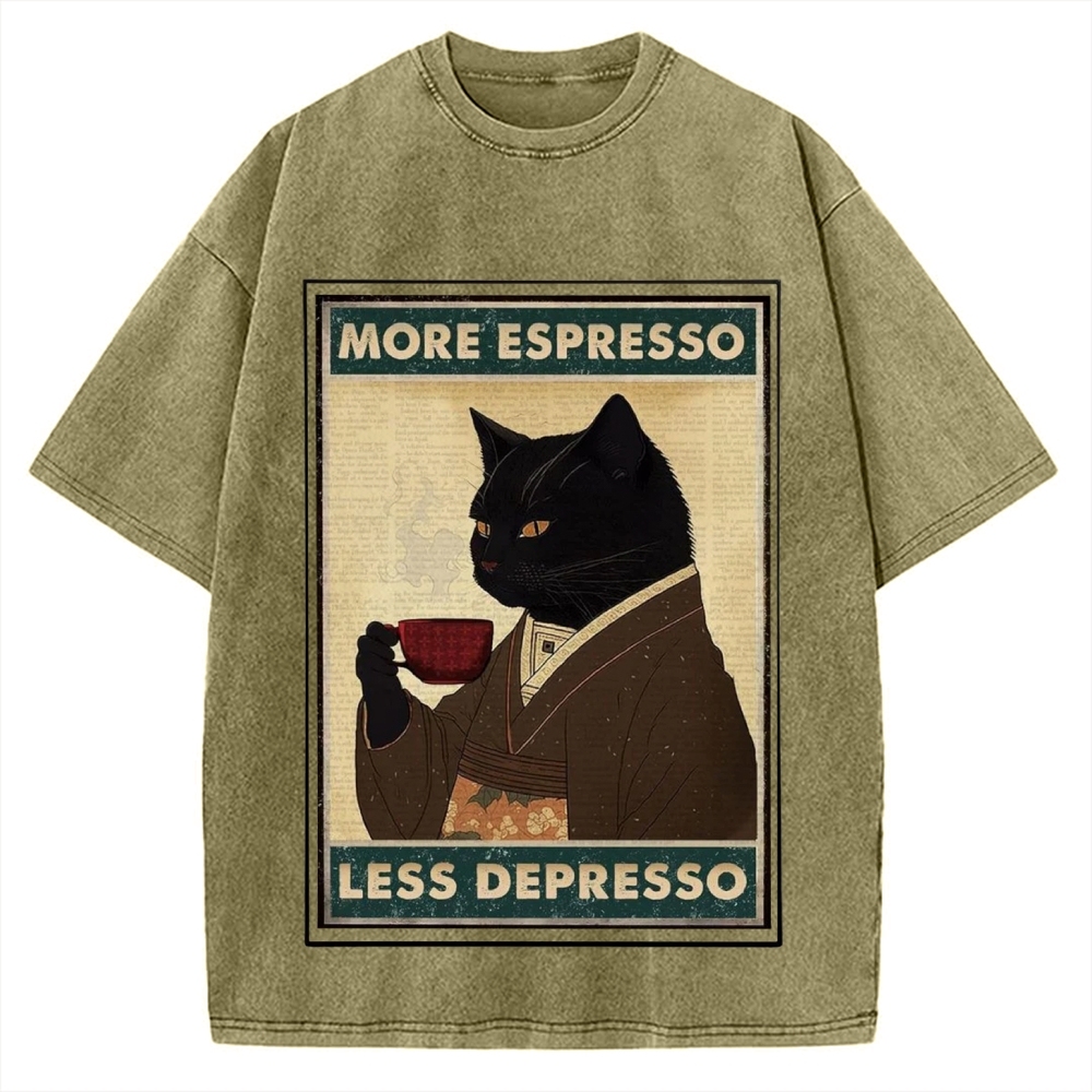 More Espresso Less Depresso Coffee Cat Vintage Washed T-shirt