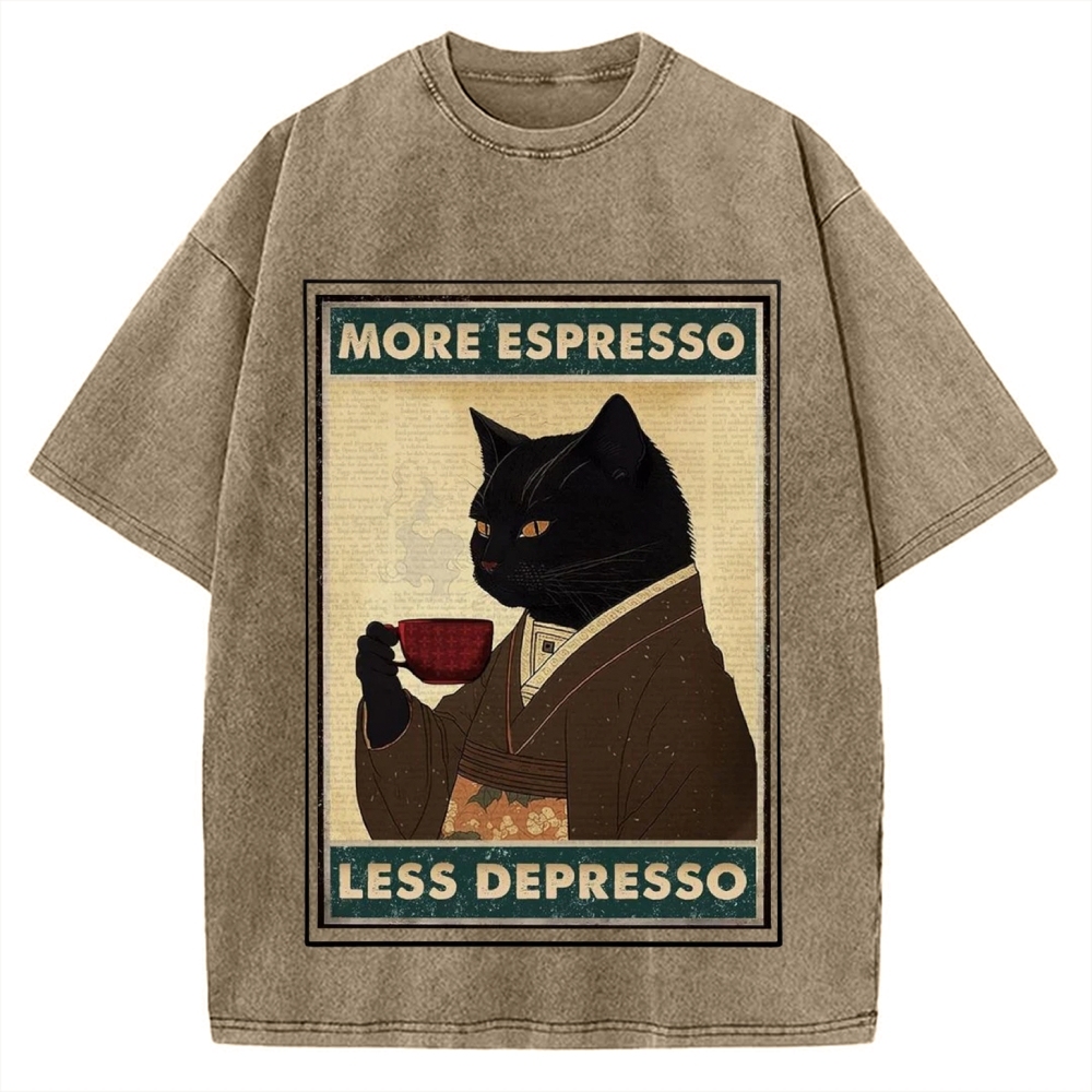 More Espresso Less Depresso Coffee Cat Vintage Washed T-shirt
