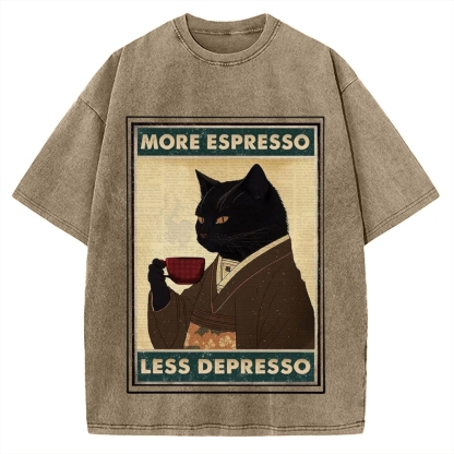 More Espresso Less Depresso Coffee Cat Vintage Washed T-shirt