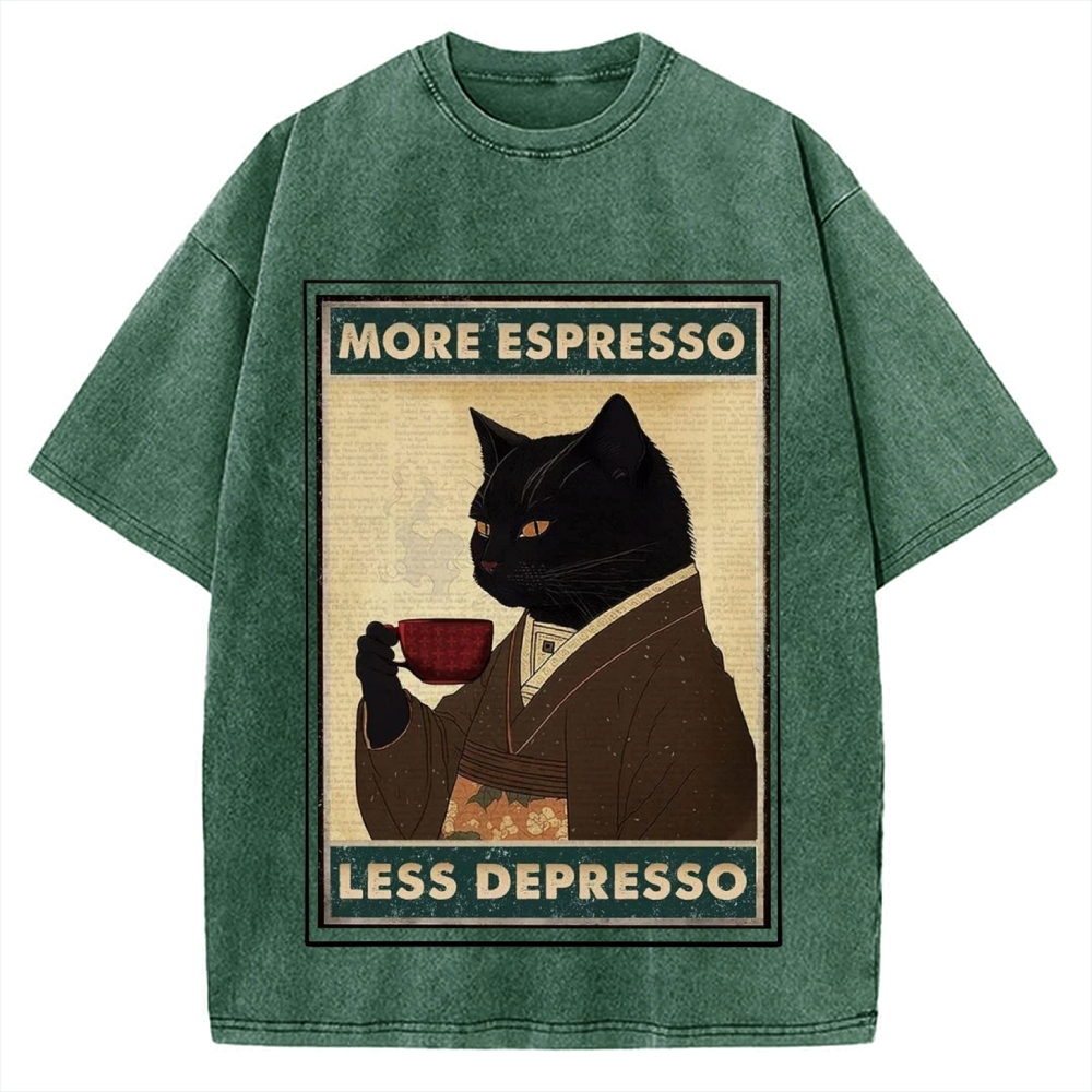 More Espresso Less Depresso Coffee Cat Vintage Washed T-shirt